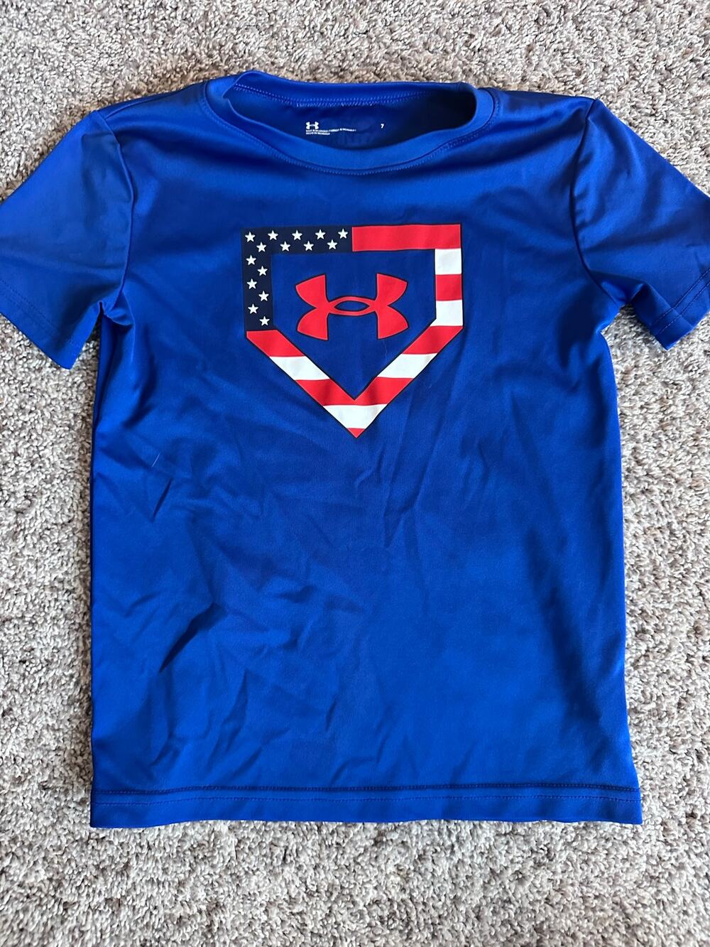 Under Armour Boys Size 7 Royal Blue Patriotic American Flag Short Sleeve T-Shirt